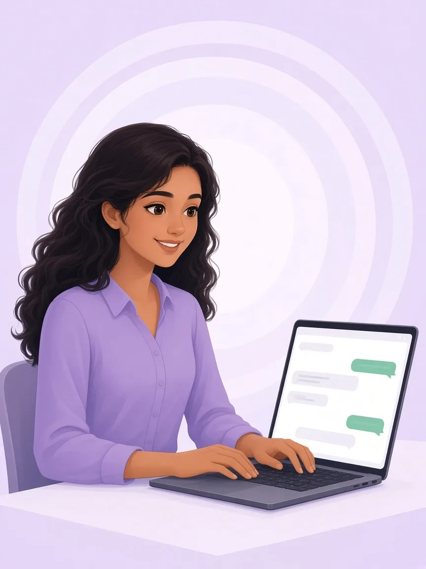 A customer specialist typing a reply on her laptop
